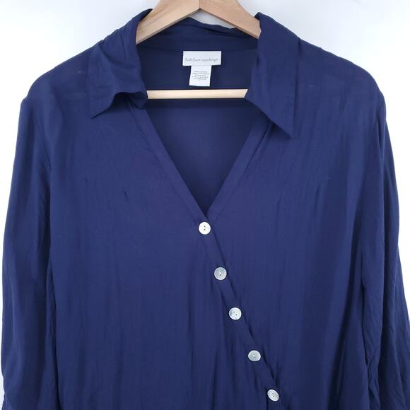 Soft Surroundings Women Assymetrical Ivory Button Down Wrap Roll Tab Sleeve| L - Picture 2 of 10